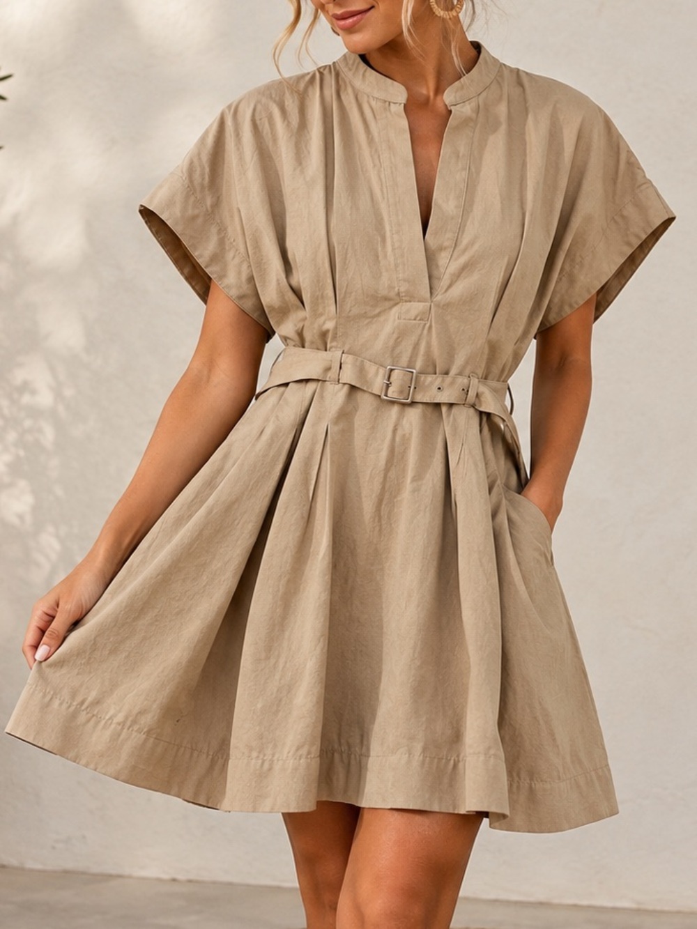 ZARA ZW Collection Belted Short Dress Khaki Tan Mini Pleated V-Neck Cotton XXL